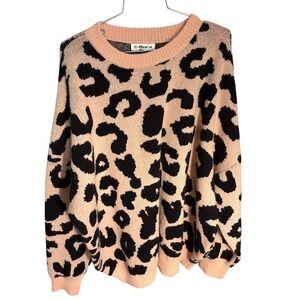 Macaron Women XL Leopard Print Knit Sweater Peach Pink Black Animal‎ Long Sleeve